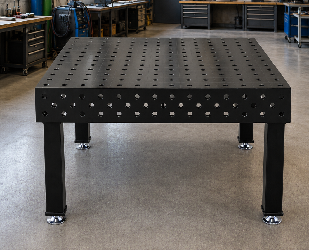 Schweißtisch 1200×1200 System 28 – PROFI 3D | Platte 25 mm plasmanitriert inkl. 40-tlg. PROFI Spannset