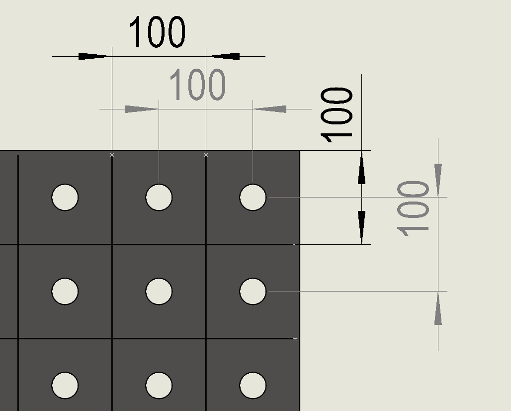 Technische Darstellung des Rasters 100 × 100 mm mit horizontal und vertikal angeordneten Bohrungen