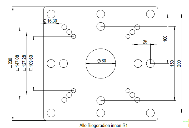 Technische Zeichnung der Adapterplatte für Schraubstock D16 mit Maßen und Bohrbild