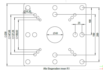 Technische Zeichnung der Adapterplatte für Schraubstock D16 mit Maßen und Bohrbild