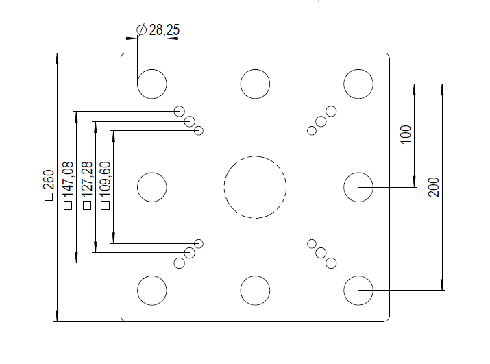Technische Zeichnung der Adapterplatte für Schraubstock D28, 260 × 260 mm, mit Maßen und Bohrbild