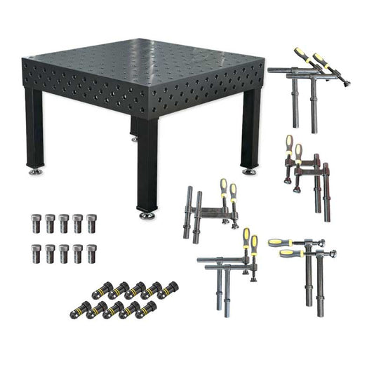 Kaufen Sie den 3D Schweißtisch PROFI Ø28 plasmanitriert (1200×1200×200 mm, 25 mm stark) inkl. 30-teiligem Werkzeugsatz. CNC-gefräst, korrosionsgeschützt, extrem belastbar.