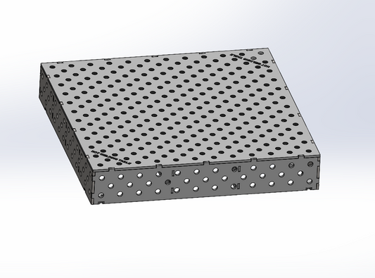 3D Schweißtisch Work-Pro D28 1200 × 1200 × 200 mm mit Diagonalraster 100 × 100 mm in Perspektivansicht