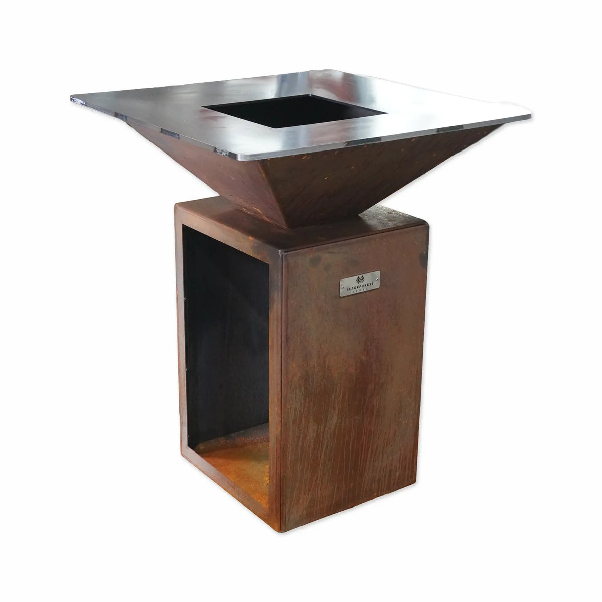 Black Forest Steel FyrR Cortenstahl Grill 75 mit Feuerplatte und offenem Holzlager